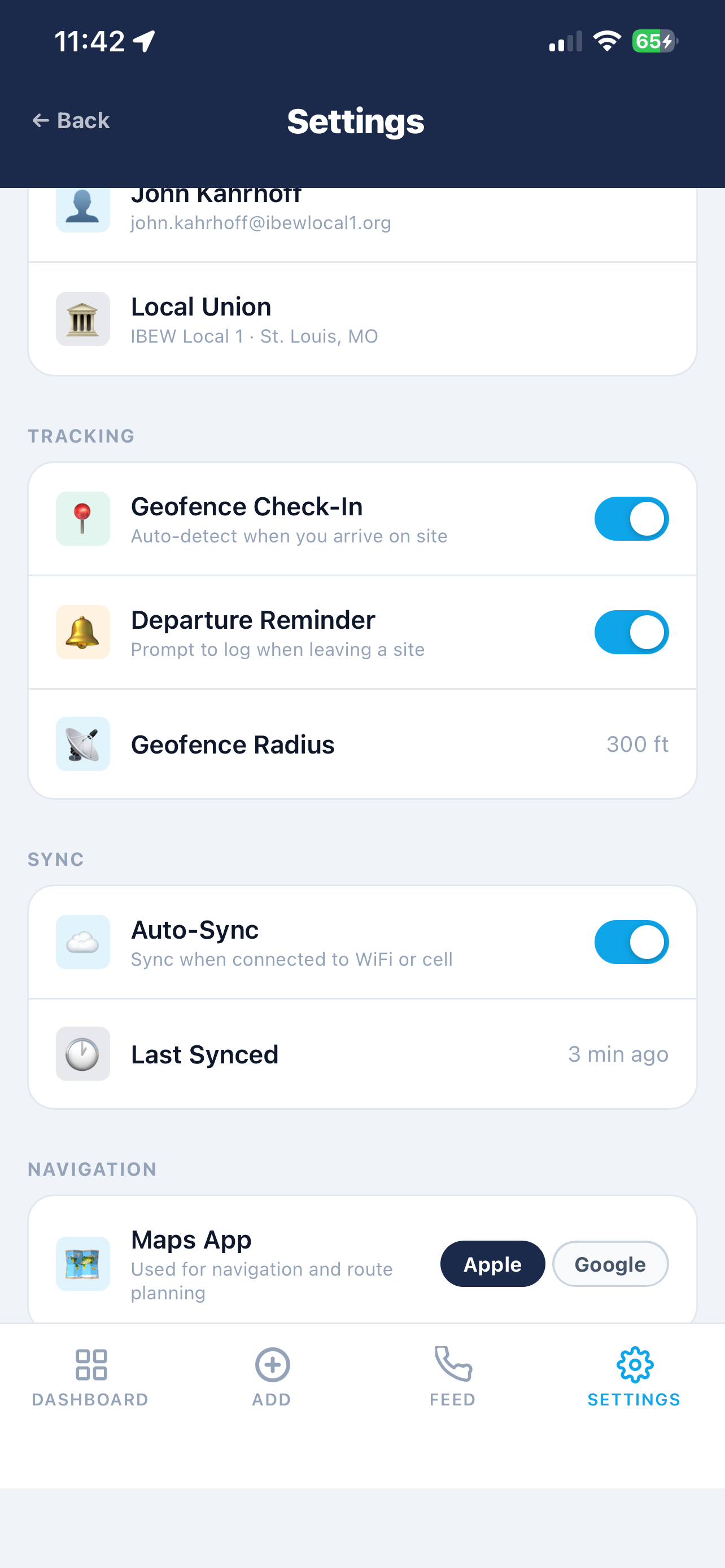 Settings screen