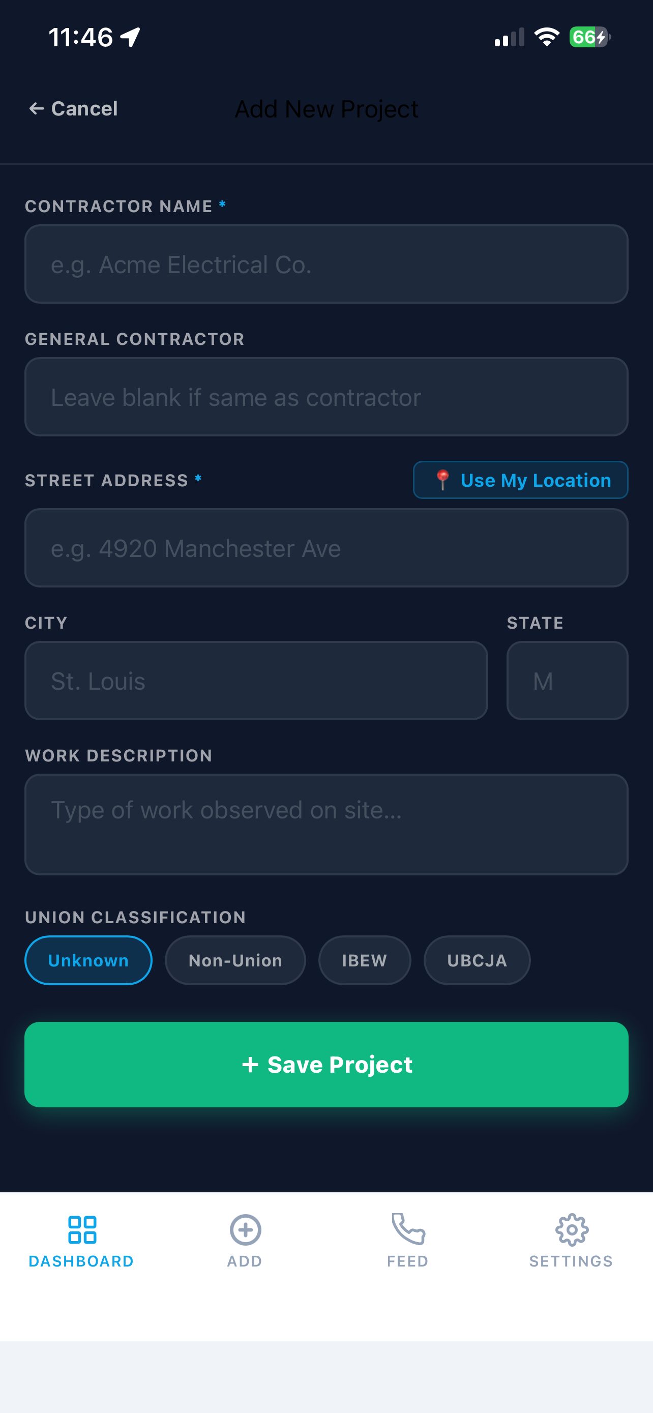 Add New Project form